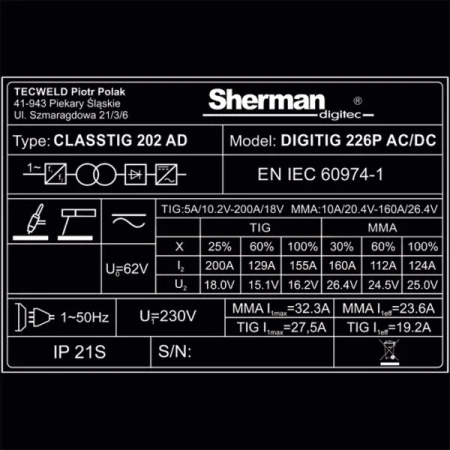 SHERMAN SPAWARKA INWERTOROWA DIGITIG 226P AC/DC