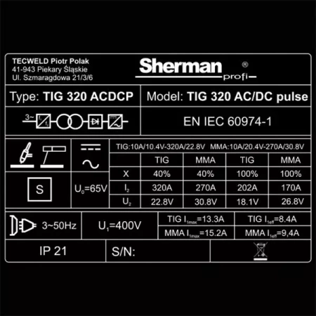 SHERMAN SPAWARKA INWERTOROWA TIG 320 AC/DC PULSE