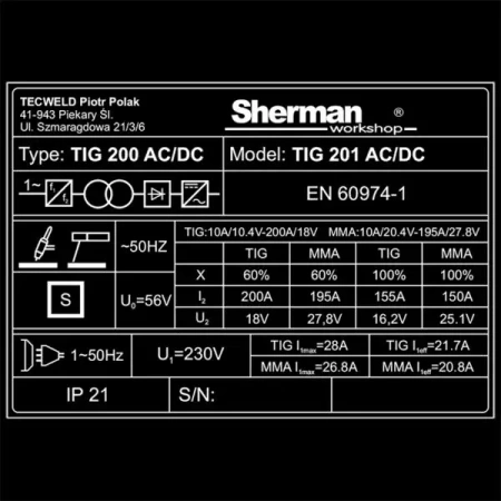 SHERMAN SPAWARKA INWERTOROWA TIG 201 AC/DC