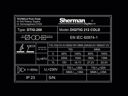 SHERMAN SPAWARKA TIG DC DIGITIG 212 MMA SPOT COLD