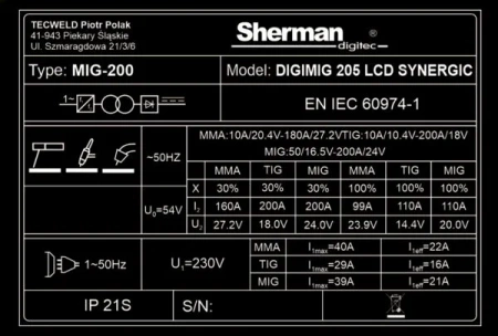 SHERMAN SYNERGICZNA SPAWARKA INWERTOROWA DIGIMIG 205 LCD SYNERGIC