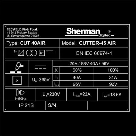 SHERMAN PRZECINARKA PLAZMOWA CUTTER-45 AIR ZE SPRĘŻARKĄ