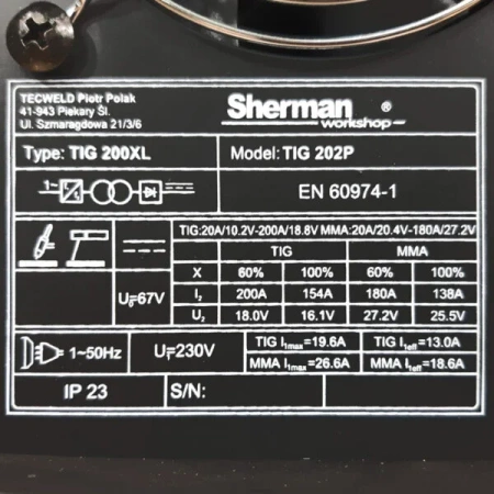 SHERMAN TIG 202P SPAWARKA INWERTOROWA