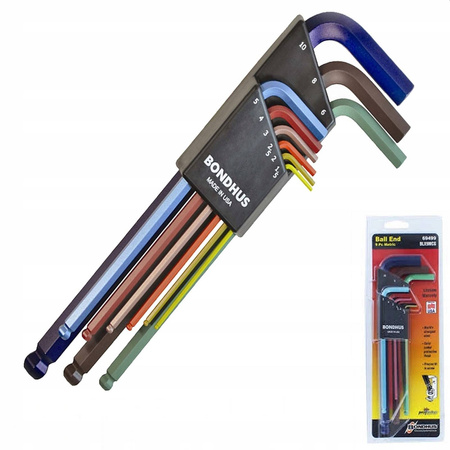 BONDHUS BO69499 ZESTAW IMBUSÓW 1,5 - 10 - DŁUGIE, Z KULKĄ, KOLOR 9 CZ.