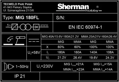 SHERMAN SPAWARKA INWERTOROWA MIG 180FL