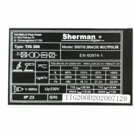 SHERMAN SPAWARKA INWERTOROWA DIGITIG 200 AC/DC MULTIPULSE