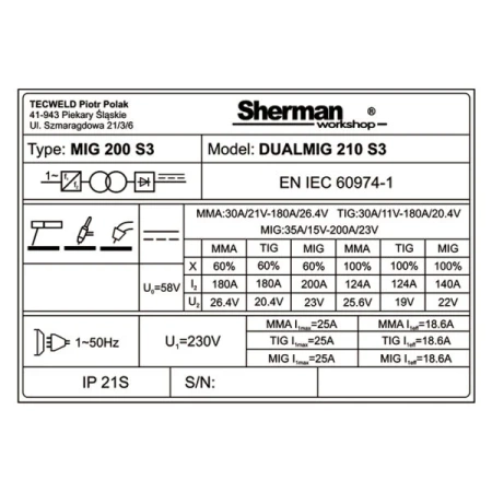 SHERMAN SPAWARKA INWERTOROWA MIGOMAT DUALMIG 210 S3